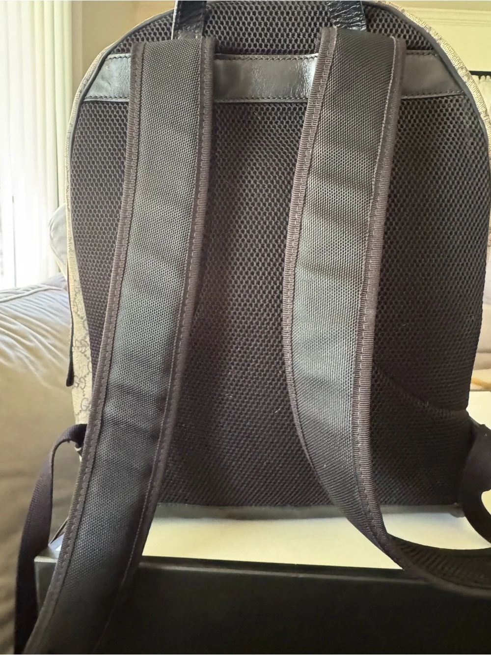 Gucci Brown Beige GG Supreme Canvas Backpack with Black Trim
